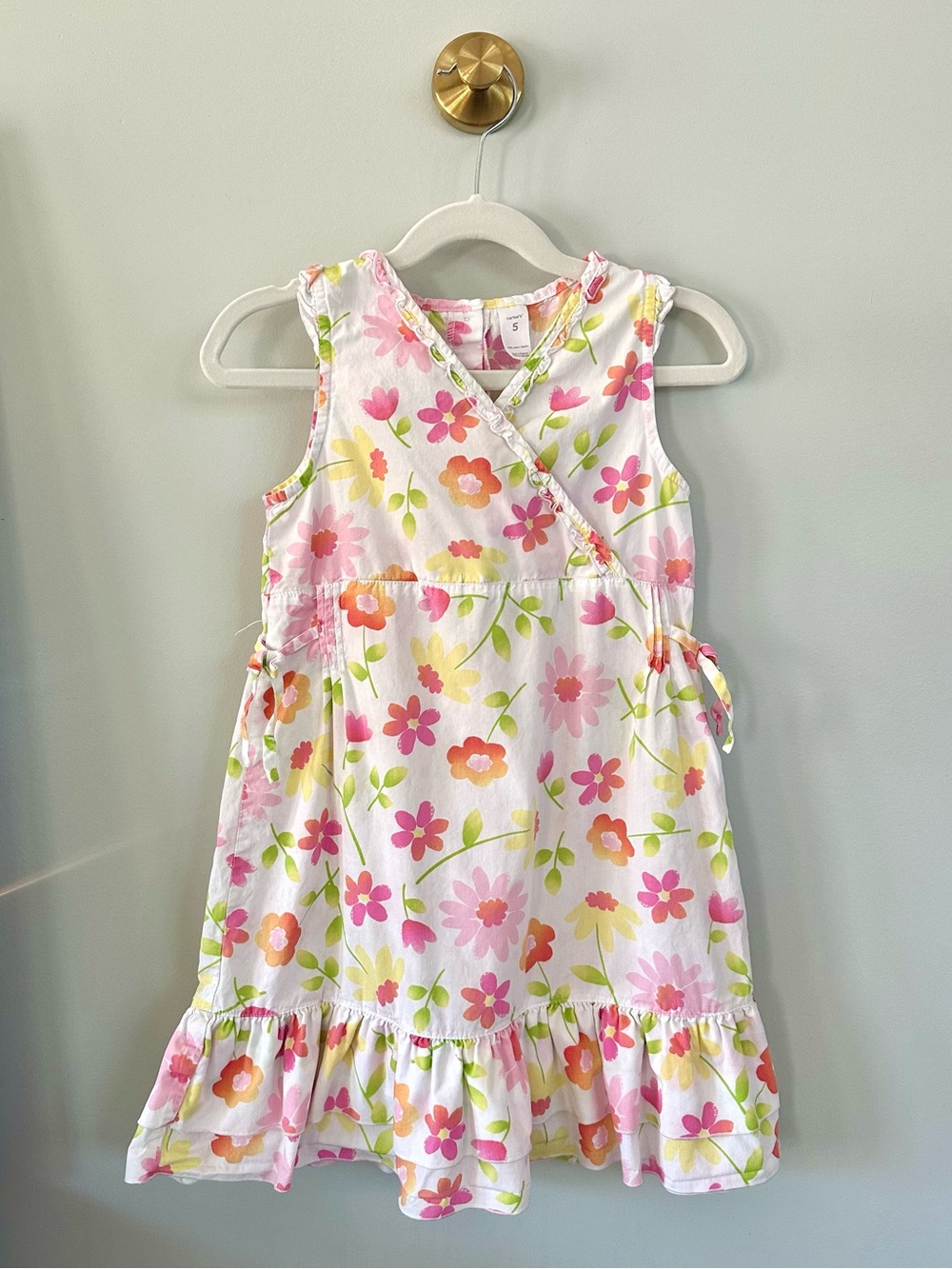 Carter’s Floral Sleeveless Dress Girls Size 5 White Pink Ruffle Hem Cotton